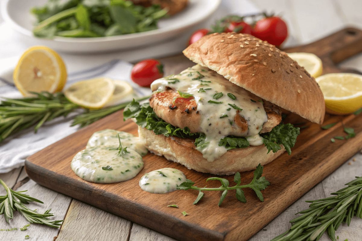 A delicious chicken sandwich with a creamy homemade sauce, garnished with fresh herbs and served on a rustic wooden board.