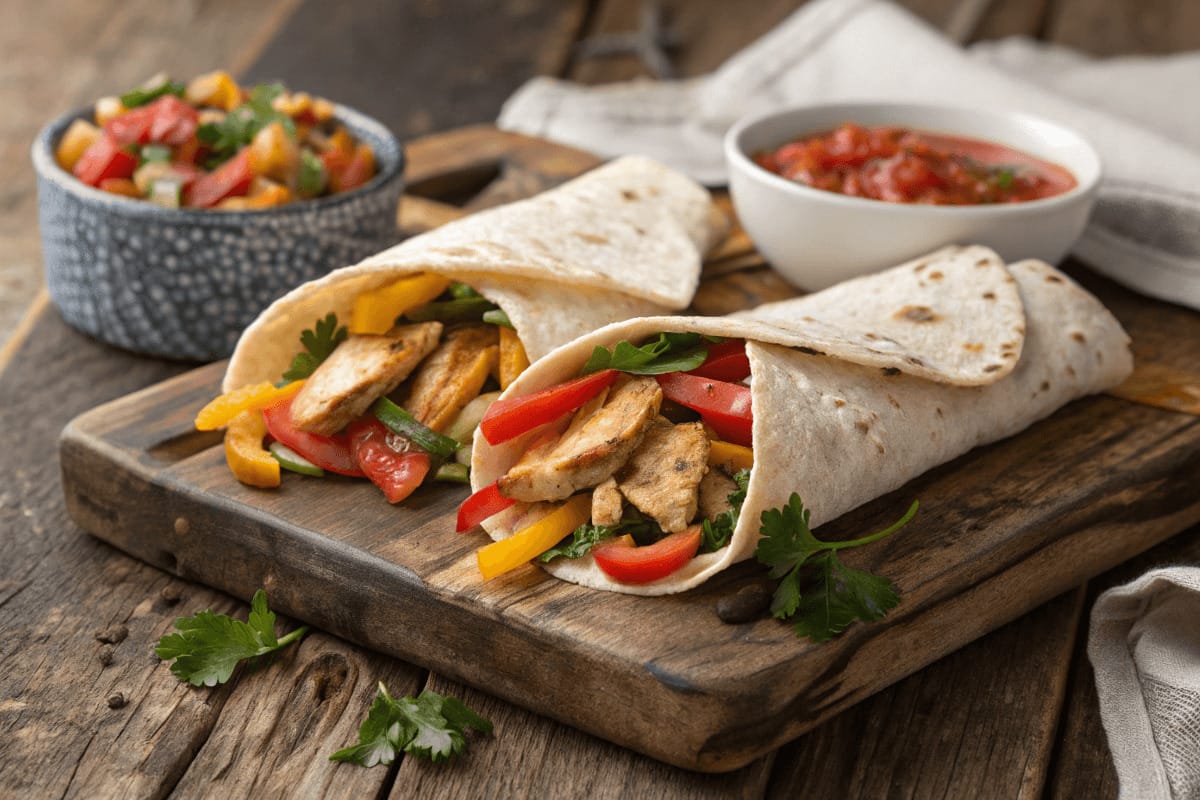 A delicious chicken fajita wrap filled with grilled chicken, sautéed bell peppers, onions, and fresh greens, wrapped in a warm tortilla.