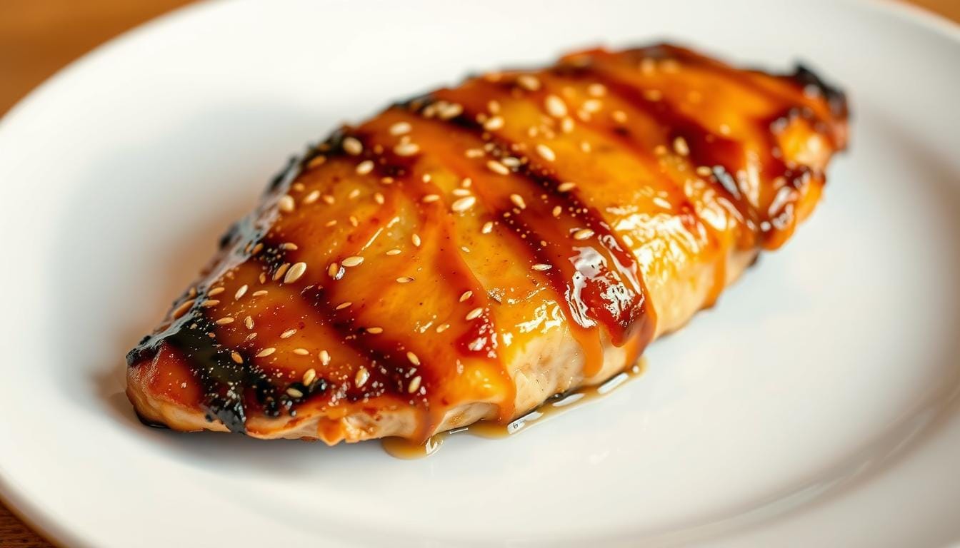 A plate of juicy honey sesame chicken breast, glazed with a rich honey sauce, sprinkled with sesame seeds, and garnished with green onions, served with steamed rice.