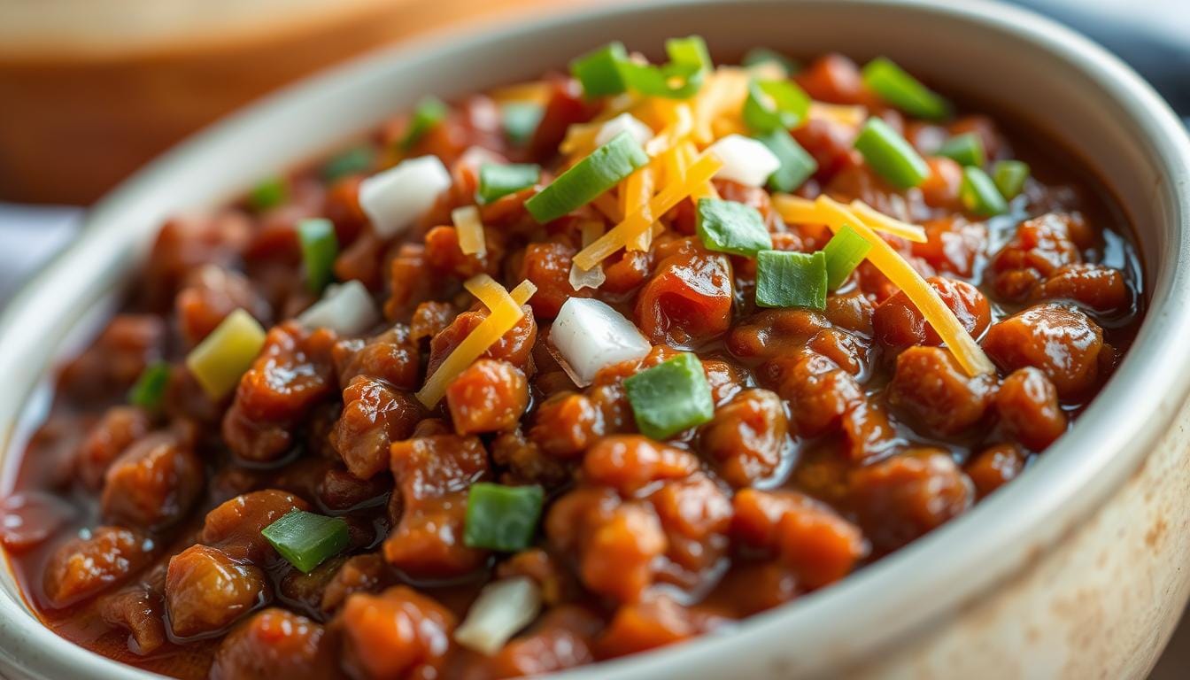 A delicious hot dog topped with homemade chili, melted cheese, and diced onions.