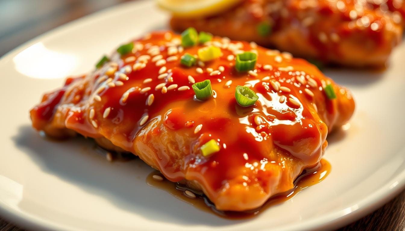 A crispy, golden-brown Panda Express Honey Sesame Chicken Breast served on a white plate, garnished with sesame seeds and paired with fresh vegetables.